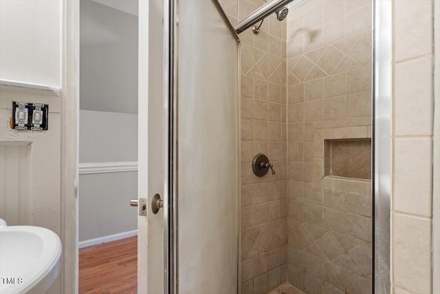 111 Mcdole Cir, Cary, NC 27511 - full bath featuring a stall shower and wood finished floors