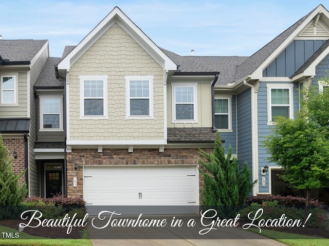 707 Newlyn Dr, Raleigh, NC 27606 - view of front of house with stone siding, driveway, a garage, and board and batten siding