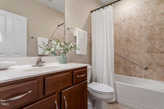 228 Ellisview Dr, Cary, NC 27519 - bathroom featuring vanity, toilet, shower / tub combo with curtain, and tile patterned flooring