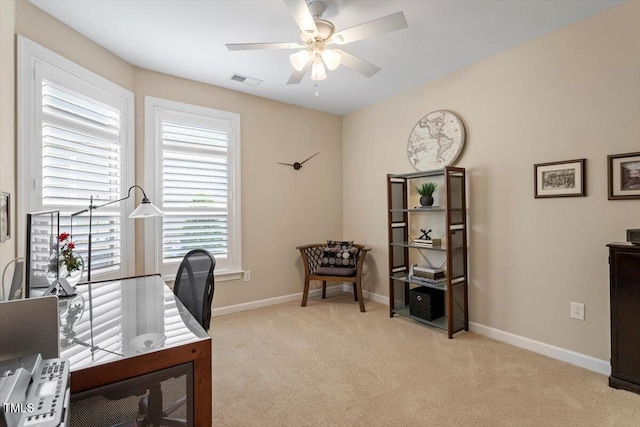 228 Ellisview Dr, Cary, NC 27519 - office with ceiling fan, light colored carpet, and baseboards