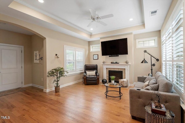 228 Ellisview Dr, Cary, NC 27519 - living room with a raised ceiling, light wood-type flooring, a ceiling fan, a fireplace, and baseboards