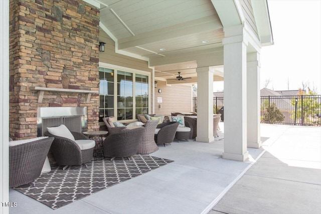 228 Ellisview Dr, Cary, NC 27519 - view of patio featuring an outdoor living space with a fireplace and ceiling fan