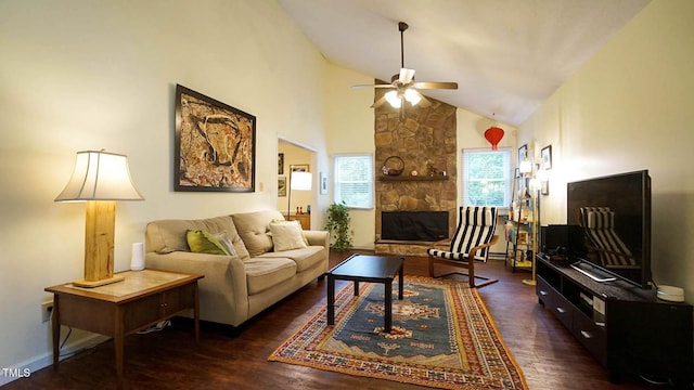 516 Ryan Rd, Cary, NC 27511 - living room with a ceiling fan, wood finished floors, high vaulted ceiling, a fireplace, and baseboards