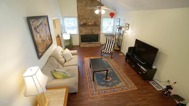 516 Ryan Rd, Cary, NC 27511 - living room with a fireplace, wood finished floors, a ceiling fan, and high vaulted ceiling