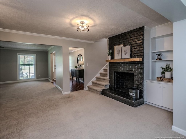 5307 N Fayetteville Rd, Lumberton, NC 28360 - living room with light colored carpet, a fireplace, a textured ceiling, baseboards, and crown molding