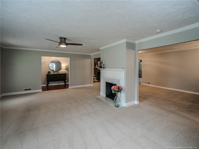 5307 N Fayetteville Rd, Lumberton, NC 28360 - unfurnished living room with a fireplace, a ceiling fan, carpet flooring, ornamental molding, and baseboards