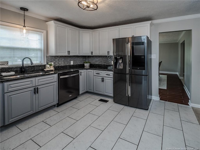 5307 N Fayetteville Rd, Lumberton, NC 28360 - kitchen with stainless steel fridge with ice dispenser, dishwashing machine, a sink, crown molding, and gray cabinets