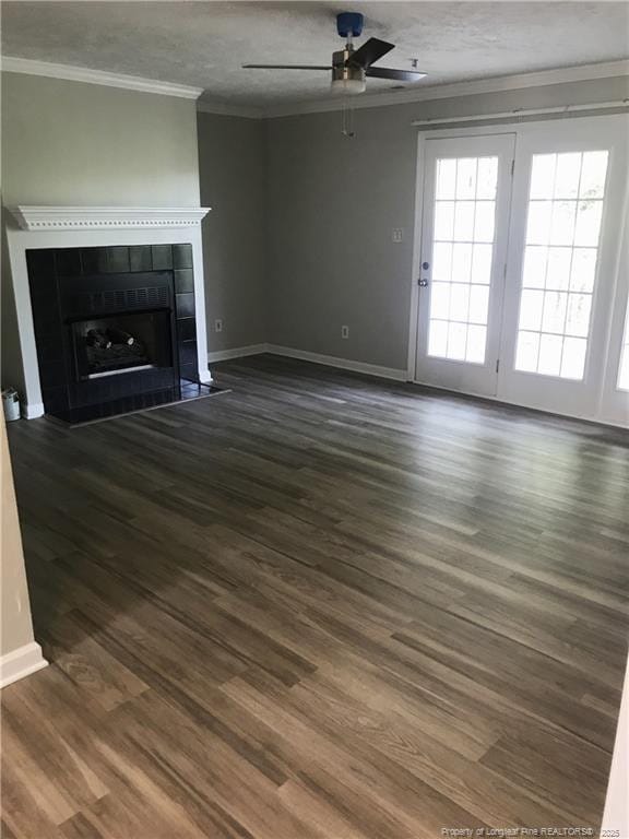 330 Bubble Creek Ct Unit 8, Fayetteville, NC 28311 - unfurnished living room with ceiling fan, ornamental molding, dark wood-type flooring, baseboards, and a tiled fireplace