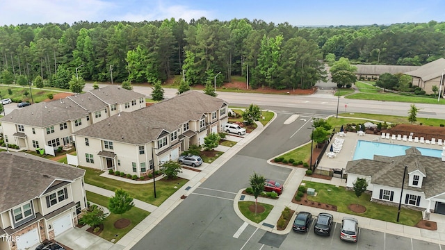 1102 Latitude Dr, Durham, NC 27713 - bird's eye view of a heavily wooded area and a pool area