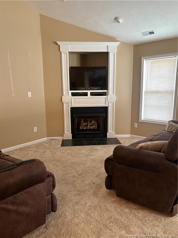 135 Paulownia Dr, Saint Pauls, NC 28384 - living room with carpet floors, a fireplace with flush hearth, a textured ceiling, lofted ceiling, and baseboards