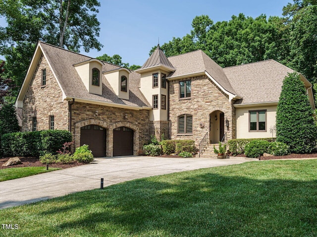 410 Mountain Laurel, Chapel Hill, NC 27517 - french country inspired facade featuring stone siding, stucco siding, a front lawn, a garage, and driveway