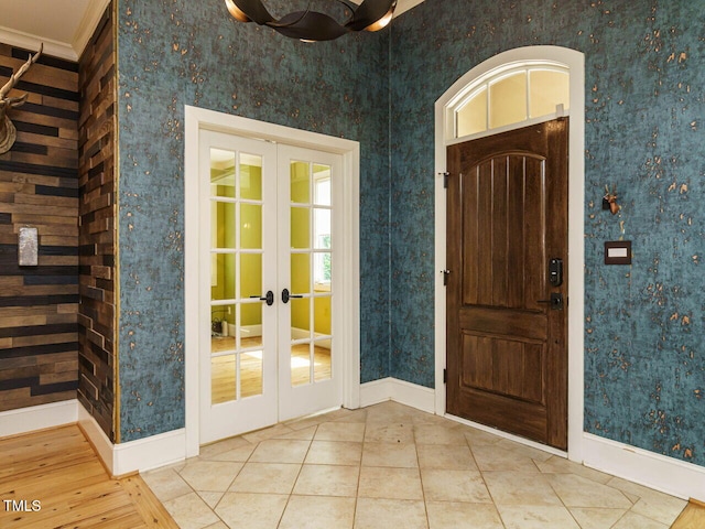 410 Mountain Laurel, Chapel Hill, NC 27517 - foyer with french doors, wallpapered walls, and baseboards