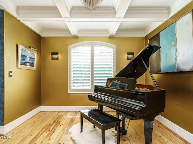 410 Mountain Laurel, Chapel Hill, NC 27517 - living area featuring baseboards, hardwood / wood-style floors, beamed ceiling, crown molding, and coffered ceiling