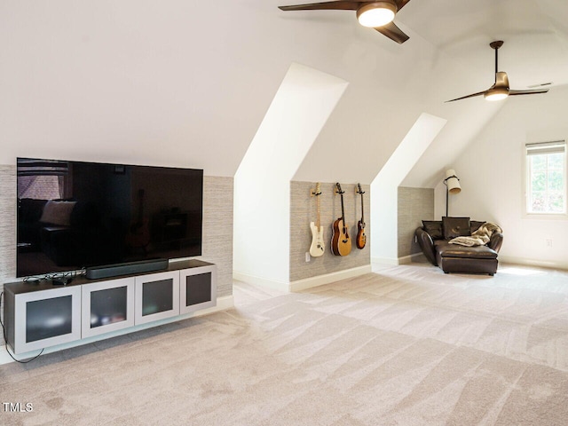 410 Mountain Laurel, Chapel Hill, NC 27517 - carpeted living room featuring ceiling fan, vaulted ceiling, and baseboards