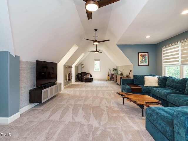 410 Mountain Laurel, Chapel Hill, NC 27517 - living room with a ceiling fan, light carpet, vaulted ceiling, and baseboards