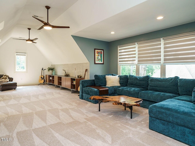 410 Mountain Laurel, Chapel Hill, NC 27517 - living area with carpet floors, vaulted ceiling, ceiling fan, and recessed lighting