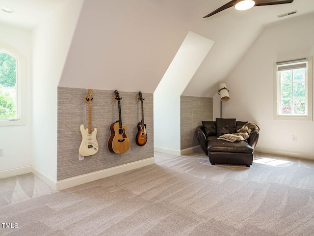410 Mountain Laurel, Chapel Hill, NC 27517 - sitting room with healthy amount of natural light, carpet, a ceiling fan, lofted ceiling, and baseboards
