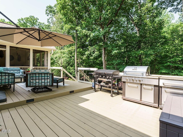 410 Mountain Laurel, Chapel Hill, NC 27517 - deck featuring an outdoor living space, view of wooded area, and area for grilling