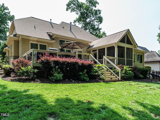 410 Mountain Laurel, Chapel Hill, NC 27517 - rear view of house featuring a sunroom, roof with shingles, stairway, and a deck