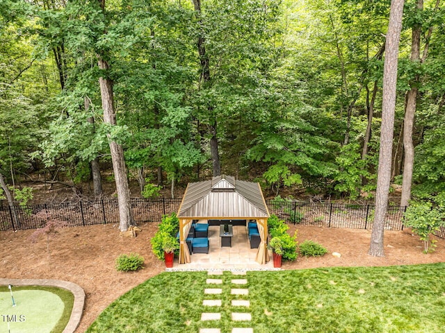 410 Mountain Laurel, Chapel Hill, NC 27517 - fenced backyard featuring a gazebo and a putting area