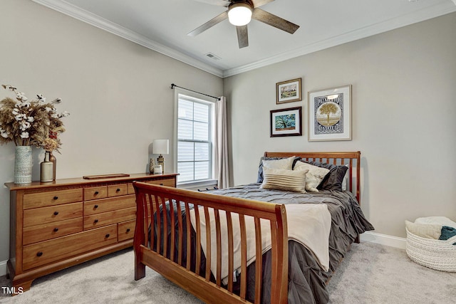 244 Chateau Way, Angier, NC 27501 - bedroom featuring light colored carpet, ornamental molding, and a ceiling fan