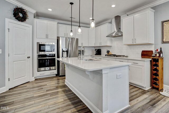 244 Chateau Way, Angier, NC 27501 - kitchen featuring appliances with stainless steel finishes, wall chimney range hood, light wood-style flooring, light countertops, and backsplash