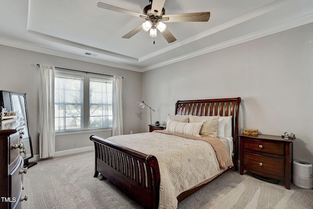 244 Chateau Way, Angier, NC 27501 - bedroom with light carpet, a tray ceiling, a ceiling fan, and ornamental molding