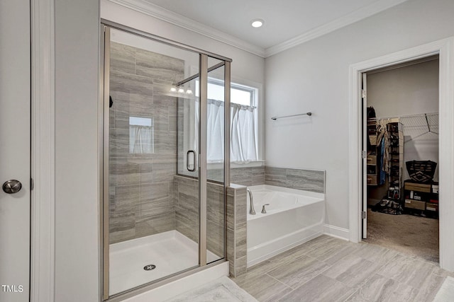 244 Chateau Way, Angier, NC 27501 - bathroom featuring a bath, a stall shower, a spacious closet, ornamental molding, and recessed lighting
