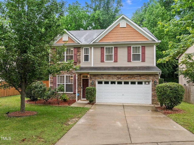 552 Stobhill Ln, Holly Springs, NC 27540 - craftsman inspired home featuring an attached garage, driveway, and stone siding