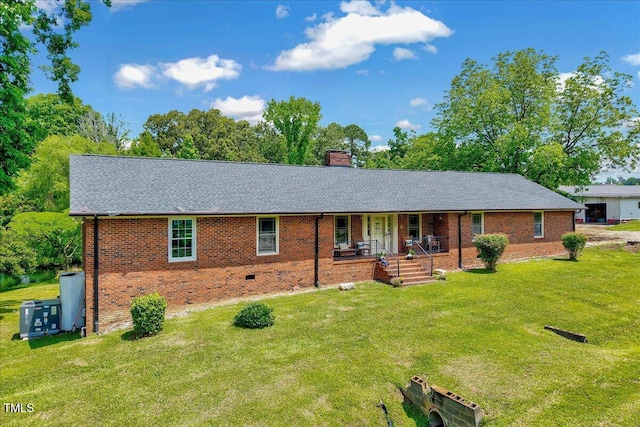 750 Greenleaf Rd, Angier, NC 27501 - ranch-style home with a porch, a front lawn, a chimney, brick siding, and a shingled roof