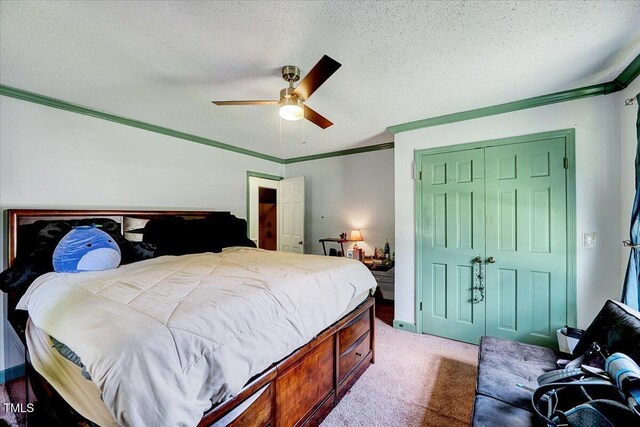 750 Greenleaf Rd, Angier, NC 27501 - carpeted bedroom with ornamental molding, a textured ceiling, and a ceiling fan