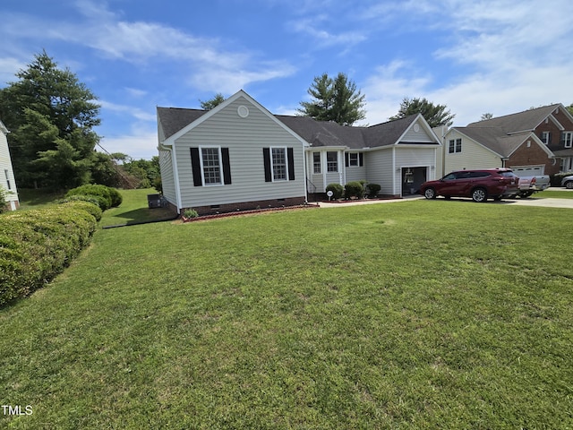 5810 Stardust Ct, Durham, NC 27712 - view of front facade with crawl space, an attached garage, a front yard, and roof with shingles