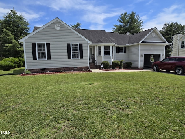 5810 Stardust Ct, Durham, NC 27712 - ranch-style house with crawl space, a garage, a front lawn, and roof with shingles