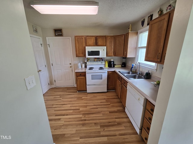 5810 Stardust Ct, Durham, NC 27712 - kitchen featuring white appliances, a sink, light wood-type flooring, brown cabinetry, and a textured ceiling