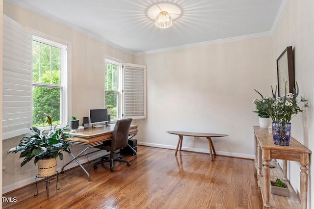 4329 Hawksong Pl, Cary, NC 27518 - home office featuring wood finished floors, baseboards, and crown molding