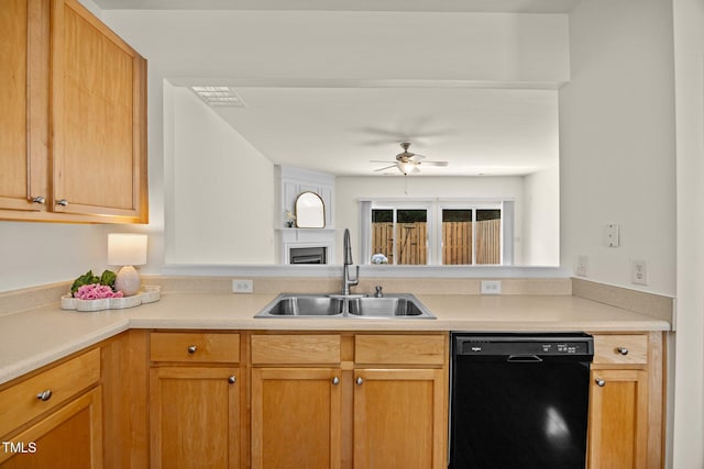 8151 Rhiannon Rd, Raleigh, NC 27613 - kitchen featuring black dishwasher, light countertops, and a ceiling fan