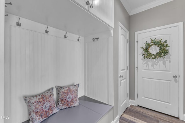 533 Duchart Ln, Fuquay Varina, NC 27526 - mudroom featuring ornamental molding and wood finished floors