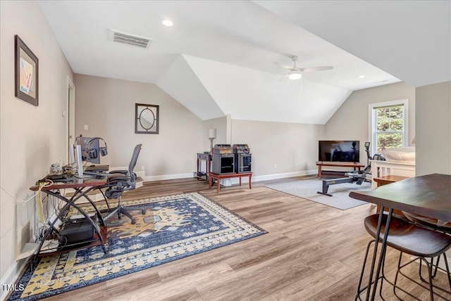 1779 Walter Grissom Rd, Kittrell, NC 27544 - office space featuring wood finished floors, baseboards, ceiling fan, lofted ceiling, and recessed lighting