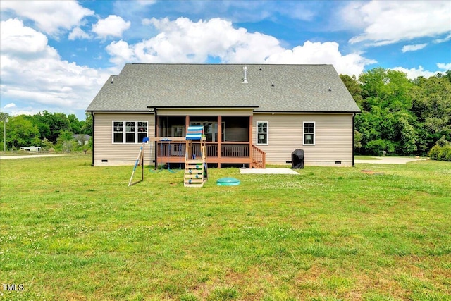 1779 Walter Grissom Rd, Kittrell, NC 27544 - rear view of house featuring crawl space, a wooden deck, a yard, and roof with shingles