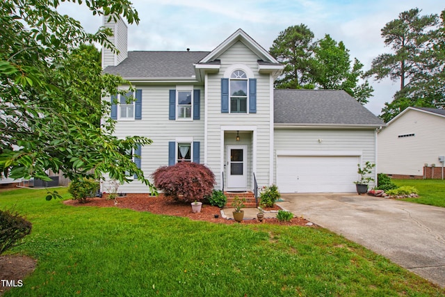 102 W Hill Dr, Cary, NC 27519 - view of front facade with concrete driveway, a chimney, a front yard, an attached garage, and roof with shingles