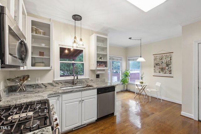 102 W Hill Dr, Cary, NC 27519 - kitchen with appliances with stainless steel finishes, a sink, ornamental molding, white cabinetry, and light stone countertops