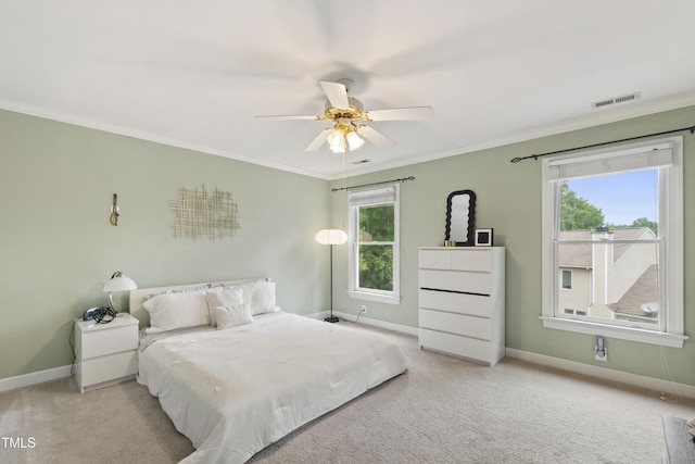 102 W Hill Dr, Cary, NC 27519 - bedroom featuring baseboards, light carpet, crown molding, and ceiling fan