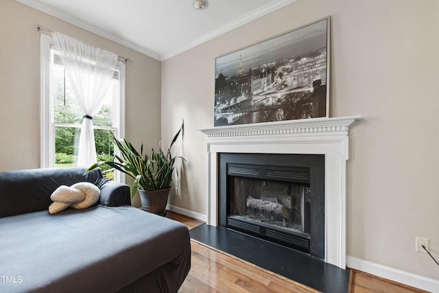 102 W Hill Dr, Cary, NC 27519 - bedroom with ornamental molding, a fireplace with flush hearth, wood finished floors, and baseboards
