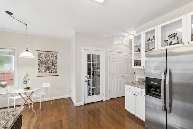 102 W Hill Dr, Cary, NC 27519 - kitchen featuring stainless steel fridge, ornamental molding, light stone counters, dark wood finished floors, and white cabinetry