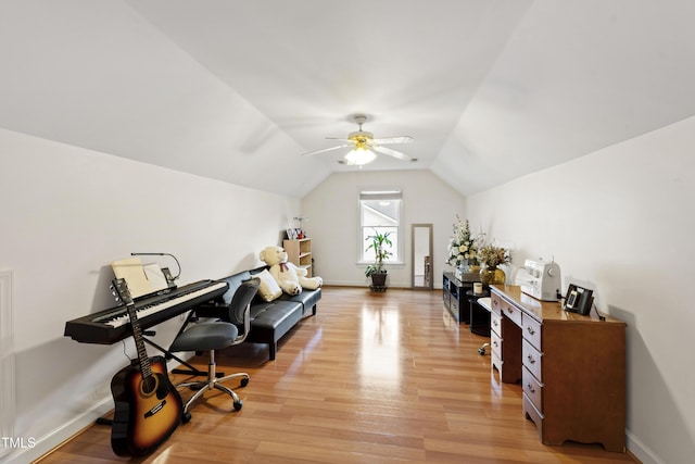 102 W Hill Dr, Cary, NC 27519 - office space featuring light wood finished floors, ceiling fan, baseboards, and lofted ceiling