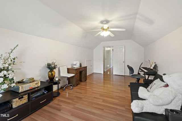102 W Hill Dr, Cary, NC 27519 - office area with light wood finished floors, a ceiling fan, and vaulted ceiling