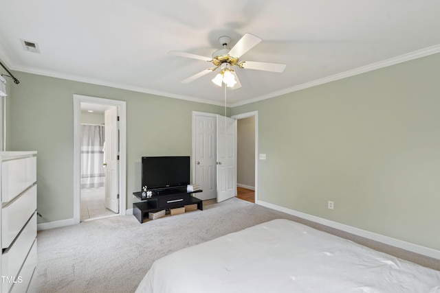 102 W Hill Dr, Cary, NC 27519 - bedroom featuring baseboards, ornamental molding, carpet, ensuite bath, and ceiling fan