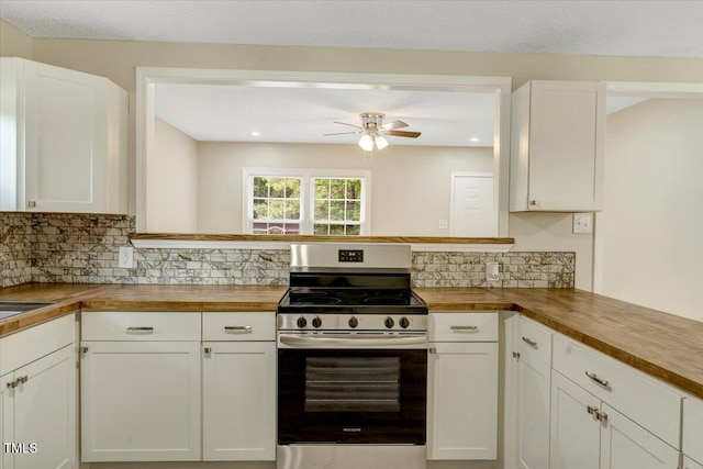 101 Apollo Cir, Roanoke Rapids, NC 27870 - kitchen featuring stainless steel range with electric cooktop, butcher block countertops, tasteful backsplash, ceiling fan, and white cabinetry