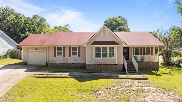 7441 Beaver Run Dr, Fayetteville, NC 28314 - ranch-style house with a porch, crawl space, a front lawn, a garage, and concrete driveway