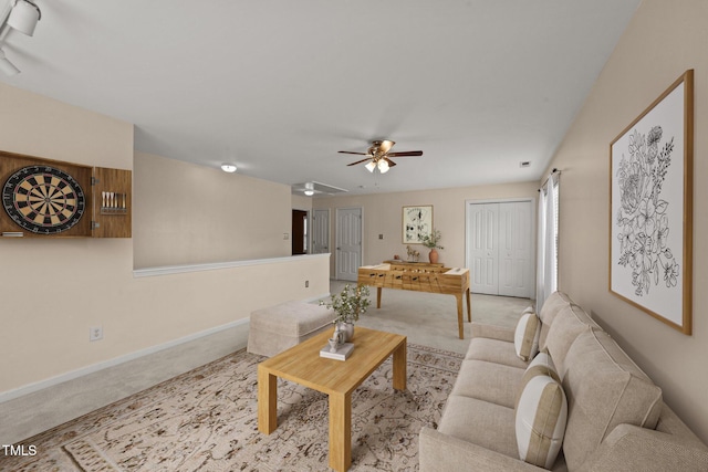 1604 Carnation Dr, Durham, NC 27703 - living room with carpet, ceiling fan, and baseboards